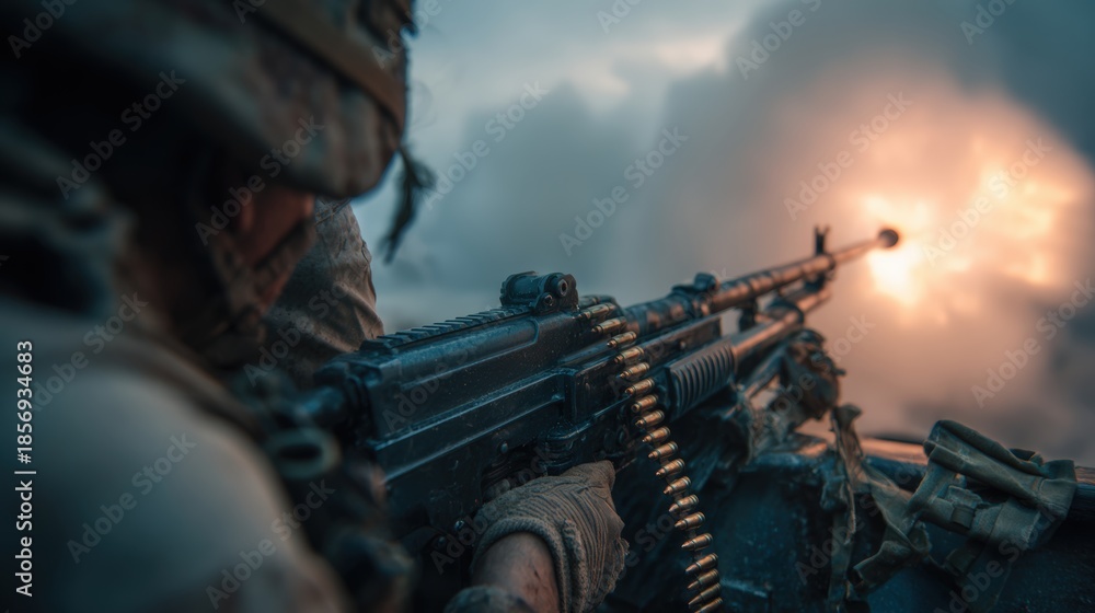 Fototapeta premium Operator Firing Heavy Machine Gun with Smoke and Brass Casing Mid-Air