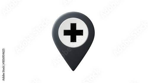 Dark gray map pointer with plus sign PNG isolated on transparent background, location pin for healthcare and medical services