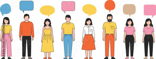 Diverse People Standing with Colorful Speech Bubbles Flat Vector Illustration for Communication, Discussion and Social Media Concepts