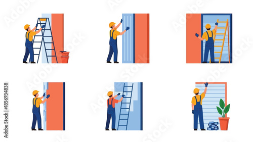 Construction workers performing exterior building facade work on a modern structure