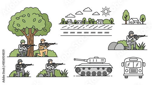 Military presence near a town with trees vehicles and soldiers on duty