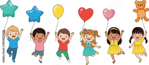 Happy Kids Holding Balloons Jumping and Playing, Cute Cartoon Children Party Vector Illustration Isolated on White