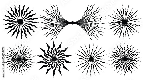 Abstract black and white radial burst designs arranged in a symmetrical pattern