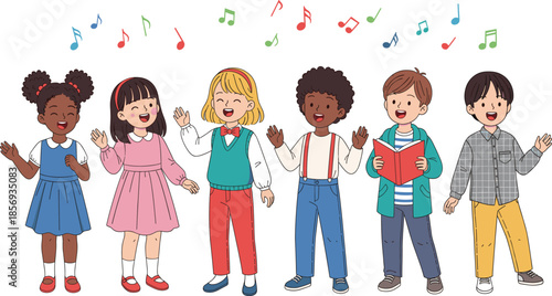 Happy Multicultural Children Singing Together with Music Notes, Kids Choir, School Activity Vector Illustration