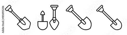 Outline icons of various shovels, spades, and a small hand trowel