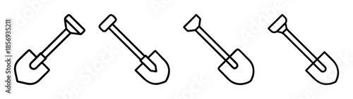 Four outlined shovels in a row on white background, digging tool