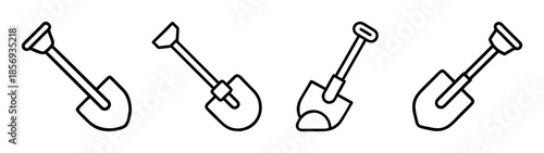 Simple outline shovel icon set. digging, garden, tool, construction.