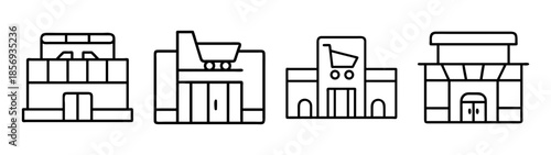 Commercial shopping buildings and retail store line icons set.