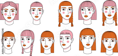 Modern Female Face Illustration Collection with Pink and Orange Hairstyles, Flat Minimal Portrait Vector Set