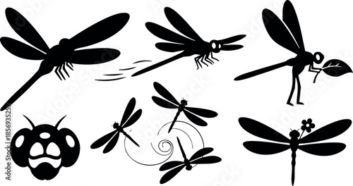 Dragonfly silhouette vector set with various flying and resting poses natural insect collection 