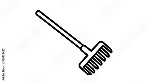 A simple black and white line drawing depicting a gardening rake tool