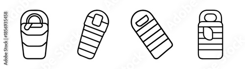 Line art collection of sleeping bag icons for outdoor camping.