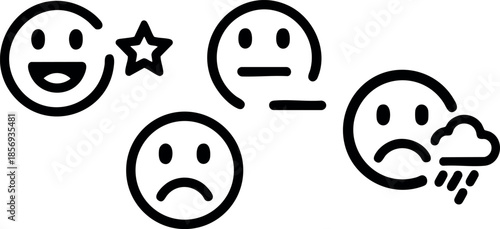 Four emotion faces including happy sad neutral and rainy weather feelings vector 