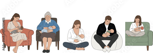 Mother and Family Breastfeeding Baby Illustration Set Showing Parents and Grandmother Nursing Newborn at Home