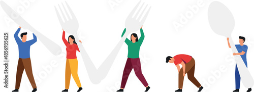 People Carrying Oversized Cutlery Forming Word WOW, Teamwork and Food Service Concept Flat Vector Illustration