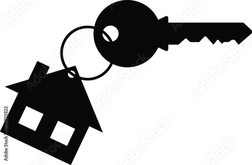 Black silhouette of a house key on a keyring representing home ownership, real estate investment, mortgage loans, and property buying.