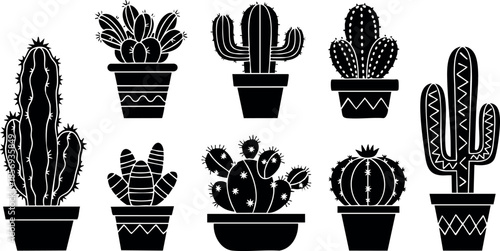 Black silhouette collection of potted cactus plants vector illustration for decoration and design 