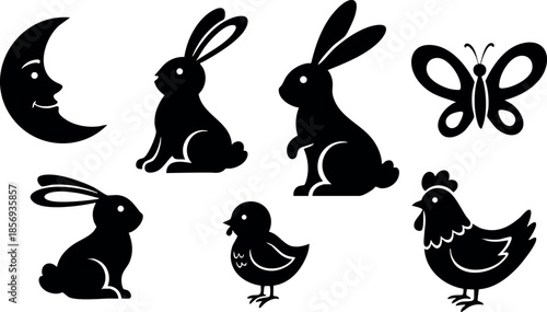 Silhouette animals including rabbit moon butterfly chick and chicken vector illustration simple design 