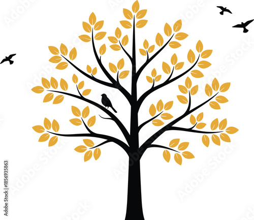 Minimalist black tree silhouette with golden yellow leaves and flying birds, elegant nature vector illustration for wall art and home decor,