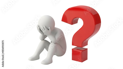 Worried 3D man sitting next to a red question mark isolated PNG, concept for confusion uncertainty and problem solving on transparent background