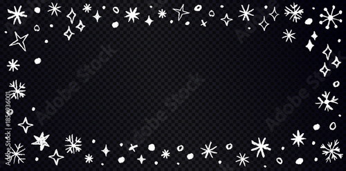 Shimmering white snowflakes and stars border drawn by chalk on transparent background. Festive winter frame for holiday designs.