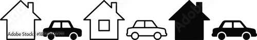 Large collection of house roof icons, building silhouettes, and car symbols featuring various architectural styles, residential designs, and transport graphics.