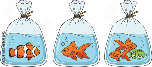 Set of Aquarium Fish in Plastic Bags Isolated on White Background Cute Flat Vector Illustration