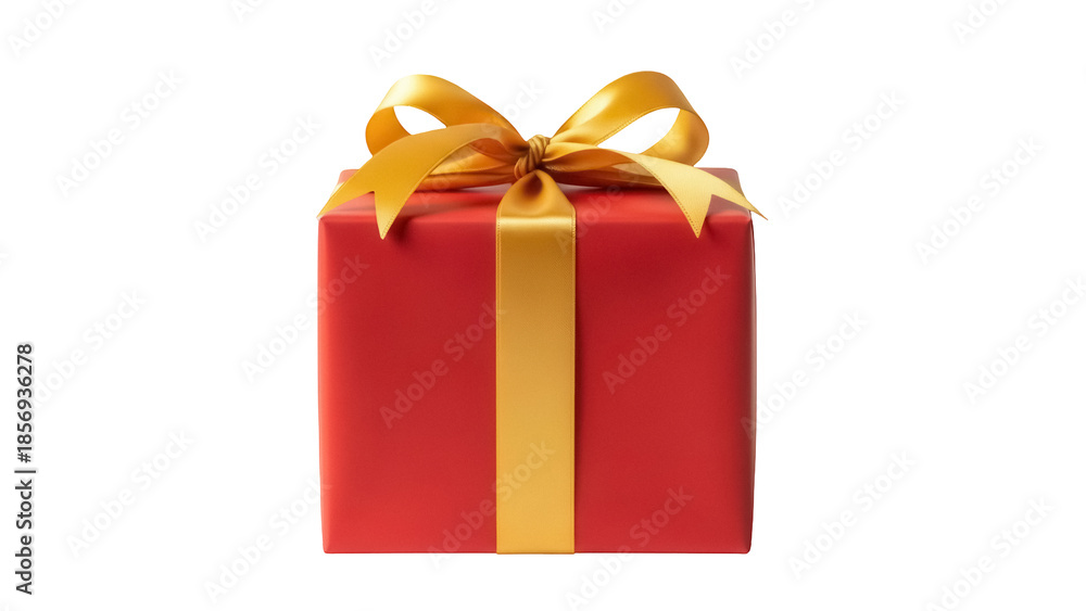 Obraz premium Red gift box with golden ribbon isolated PNG on transparent background, present for Christmas, birthday, or other special occasions