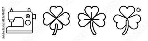 Sewing machine and shamrock icons set, craft and luck symbols