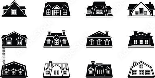 Black residential house roof icons, mansard attic building silhouettes, architectural home facade elements set, minimalist real estate vector design icons,