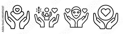 Care, love, well-being and support icons with hands holding hearts