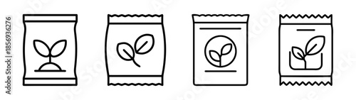 Gardening seed packets line art icon set, plant and growth symbols