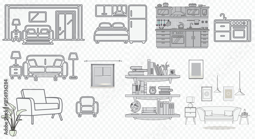 Furniture outline front view architectural designs. Set of isolated linear interior icons. Vector elements for apartments, living room, bedroom, kitchen, bathroom