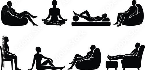 Black vector silhouettes of people relaxing on bean bags, meditating in lotus pose, and sitting comfortably in chairs for lifestyle design,