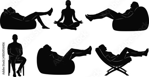 Black vector silhouettes of people relaxing on bean bags, meditating in lotus pose, and sitting comfortably in chairs for lifestyle design,