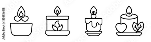 Elegant line art candle icons set for relaxation and celebration