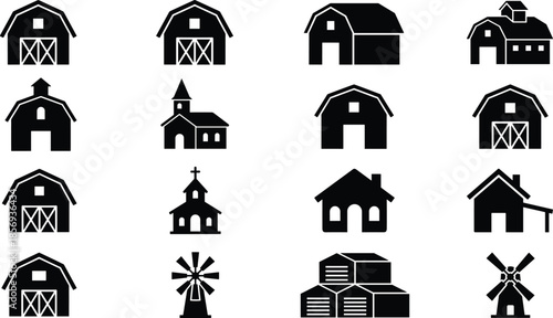 Black farm building icons set, including barns, silos, windmills, and rural houses, minimalist flat vector silhouettes for agriculture and countryside design,