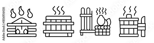 Sauna and spa heaters with rising steam, outline vector icon set