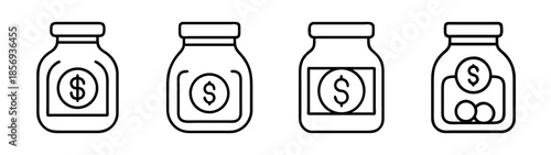 Financial savings jar line icons set: money, investment, budget