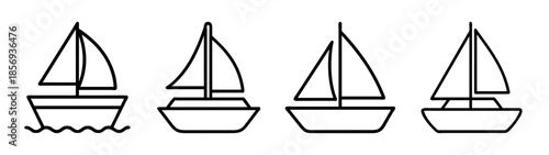 Set of sailboat line art icons: simple nautical vessel outline