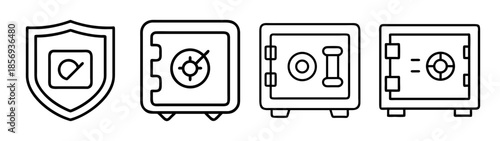 Digital data protection and financial strongbox outline icon set