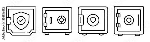 Security safe protection line icon set, money and asset safety