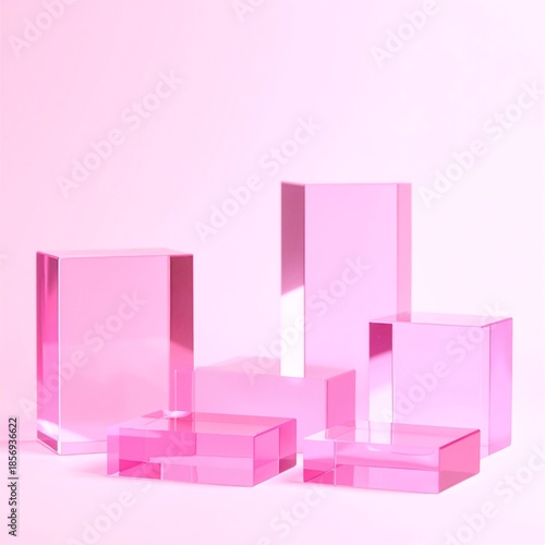 A vibrant pink sculpture featuring three distinct shapes: a smooth sphere, a tall, angular prism, and a flowing, curved form, all harmoniously arranged.