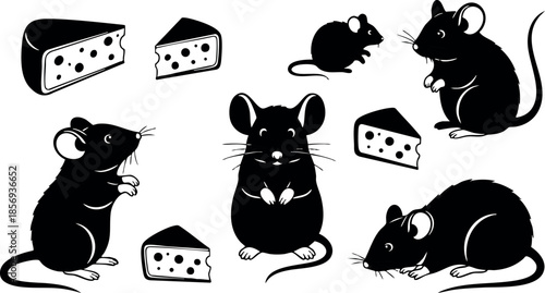Black silhouette mice with cheese pieces vector illustration in playful arrangement 