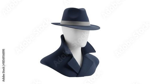 Dark blue fedora hat and coat on mannequin isolated PNG, stylish detective outfit on transparent background for fashion and design projects