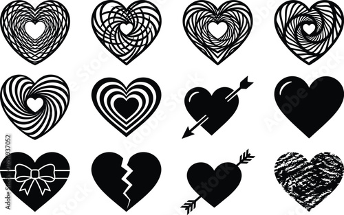 Abstract black heart silhouettes set with spiral layered arrow broken love symbols for Valentine romantic logo tattoo vector design collection