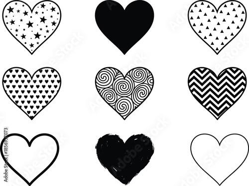 Black and white heart icon set with patterns shapes love symbols romantic valentine design elements minimal vector illustration collection bundle