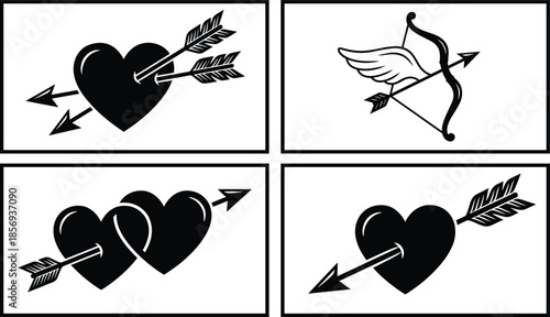 Black cupid heart arrow icon set showing love romance valentine symbols minimal monochrome vector illustration collection design branding tattoo art