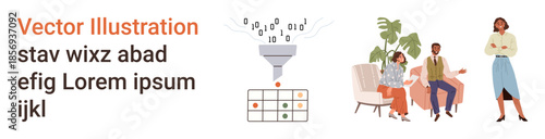 Data analytics, teamwork, collaboration, workplace interaction, information processing, office dynamics. Funnel filtering binary code, team sitting and discussing. Data analytics and teamwork concept