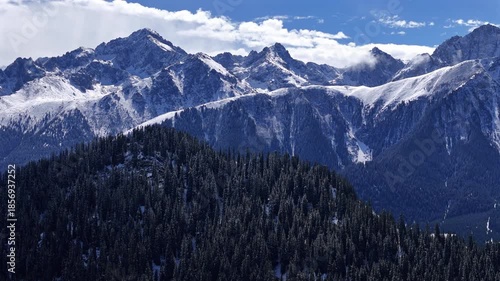 Snow covered mountain peaks and conifer forest Kyrgyzstan aerial view